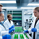 **Prompt:** "A bustling Swedish biotechnology lab, researchers in lab coats collaborating around a complex bioreactor, glowing petri dishes, CRISPR gene editing equipment in the background, focus on sustainable solutions, bright and futuristic."