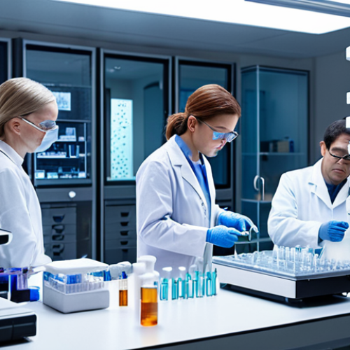 ** A futuristic medical lab with researchers working on DNA vaccines, showcasing advanced technology, nanobots, and genetic sequencing equipment. Focus on the potential breakthrough in fighting infectious diseases. The scene should evoke a sense of hope and scientific progress.

**