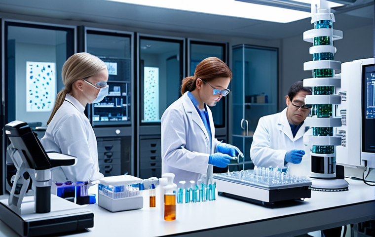 ** A futuristic medical lab with researchers working on DNA vaccines, showcasing advanced technology, nanobots, and genetic sequencing equipment. Focus on the potential breakthrough in fighting infectious diseases. The scene should evoke a sense of hope and scientific progress.

**